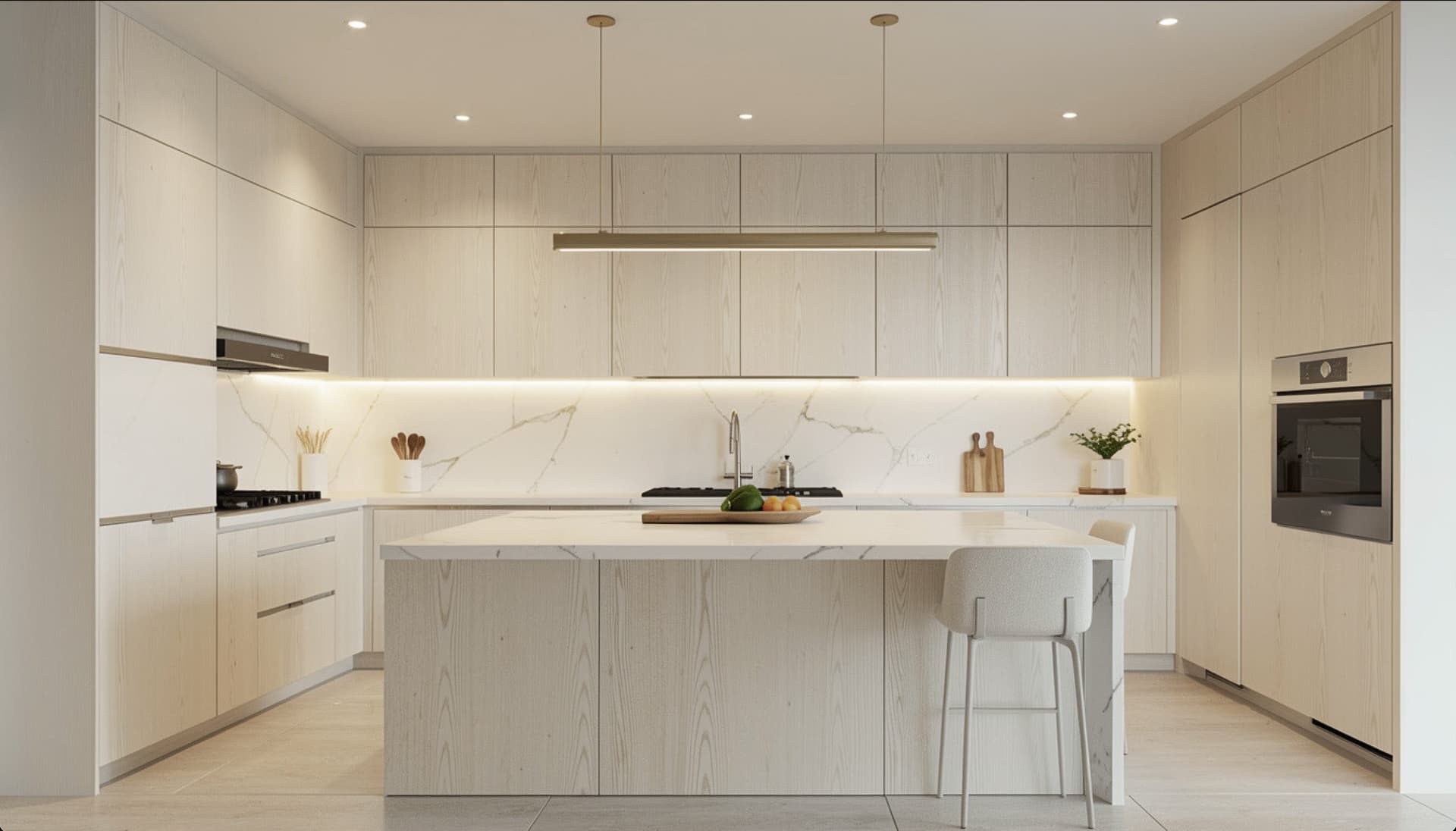 Contemporary kitchen with pale-oak flat-front cabinets and a white quartz waterfall island in Doral, Miami-Dade County.
