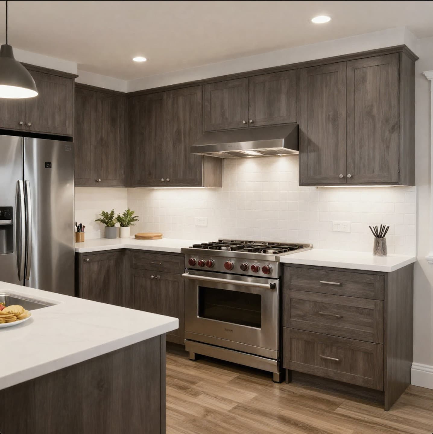 Transitional kitchen with gray-stained shaker cabinets, white quartz counters, and a stainless pro-range in Doral, Miami-Dade County.