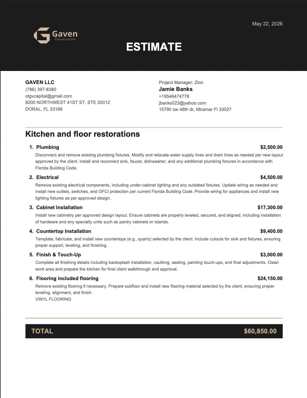 Gaven Constructions written proposal with itemized scope and line-item costs on a project manager's desk