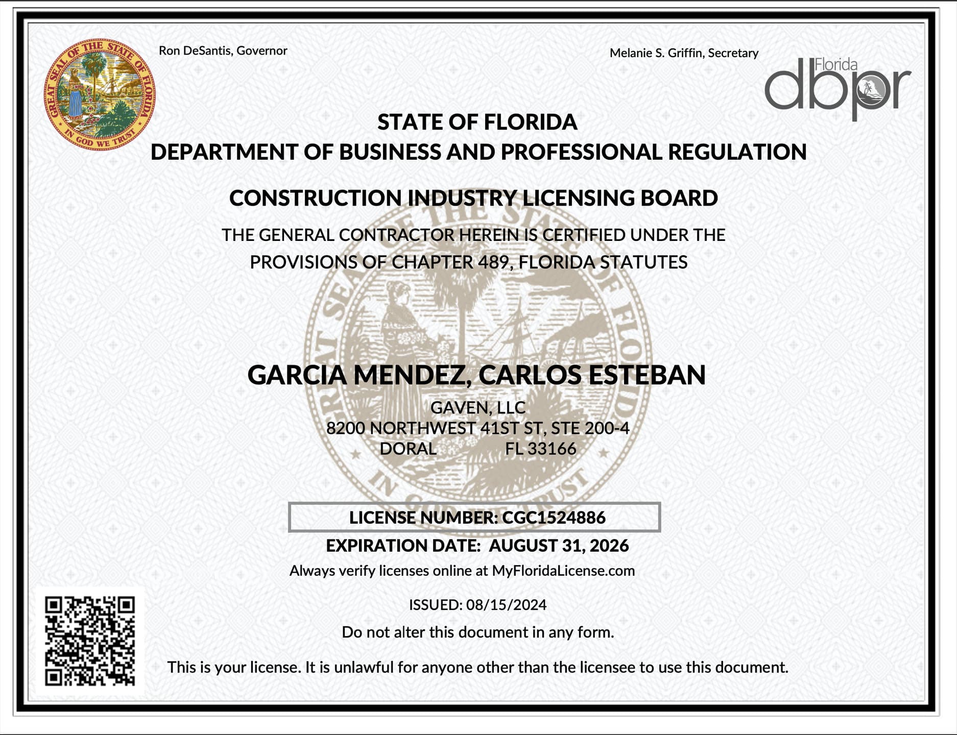 MyFloridaLicense.com search result page showing an active Certified General Contractor license record