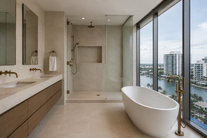 Williams Island tower primary bathroom atmosphere — Aventura