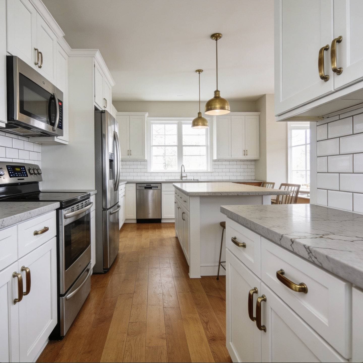 Completed kitchen remodel with white shaker cabinetry, a center island with pendant lighting, and stainless steel appliances