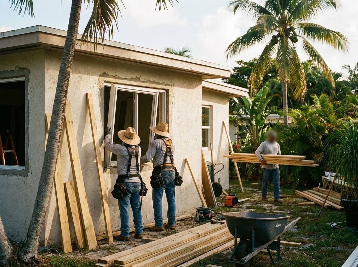 A crew working on the exterior of a single-family South Florida home with framing lumber stacked on site