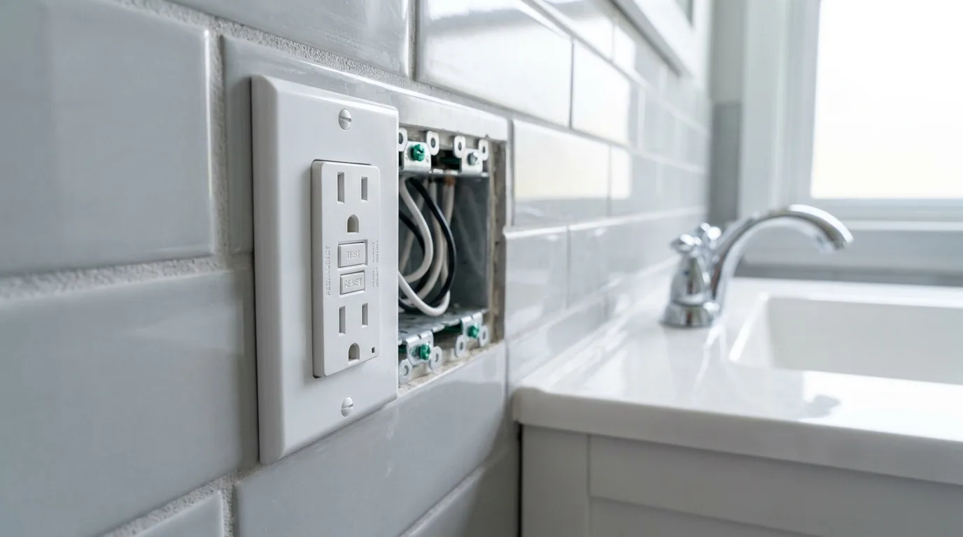 GFCI receptacle set three feet from the vanity basin in a Miami-Dade bathroom remodel
