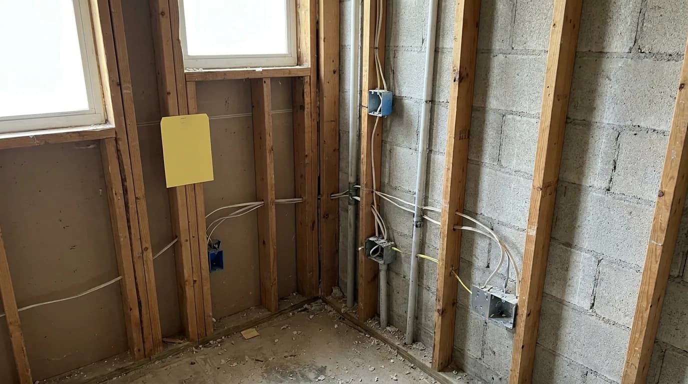 Permitted bathroom electrical inspection tag stapled to the framing during a Miami-Dade bathroom remodel