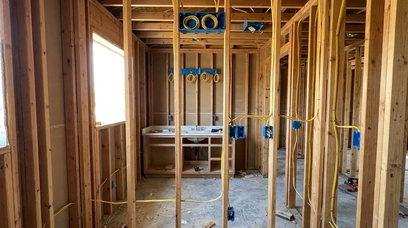 Bathroom electrical rough-in with cable pulled to the fan and vanity boxes before tile, Miami-Dade remodel