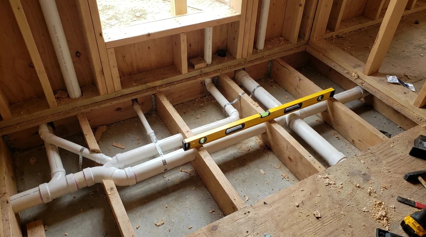 Bathroom drain lines pitched to slope and strapped in a joist bay at rough-in, Palm Beach County remodel