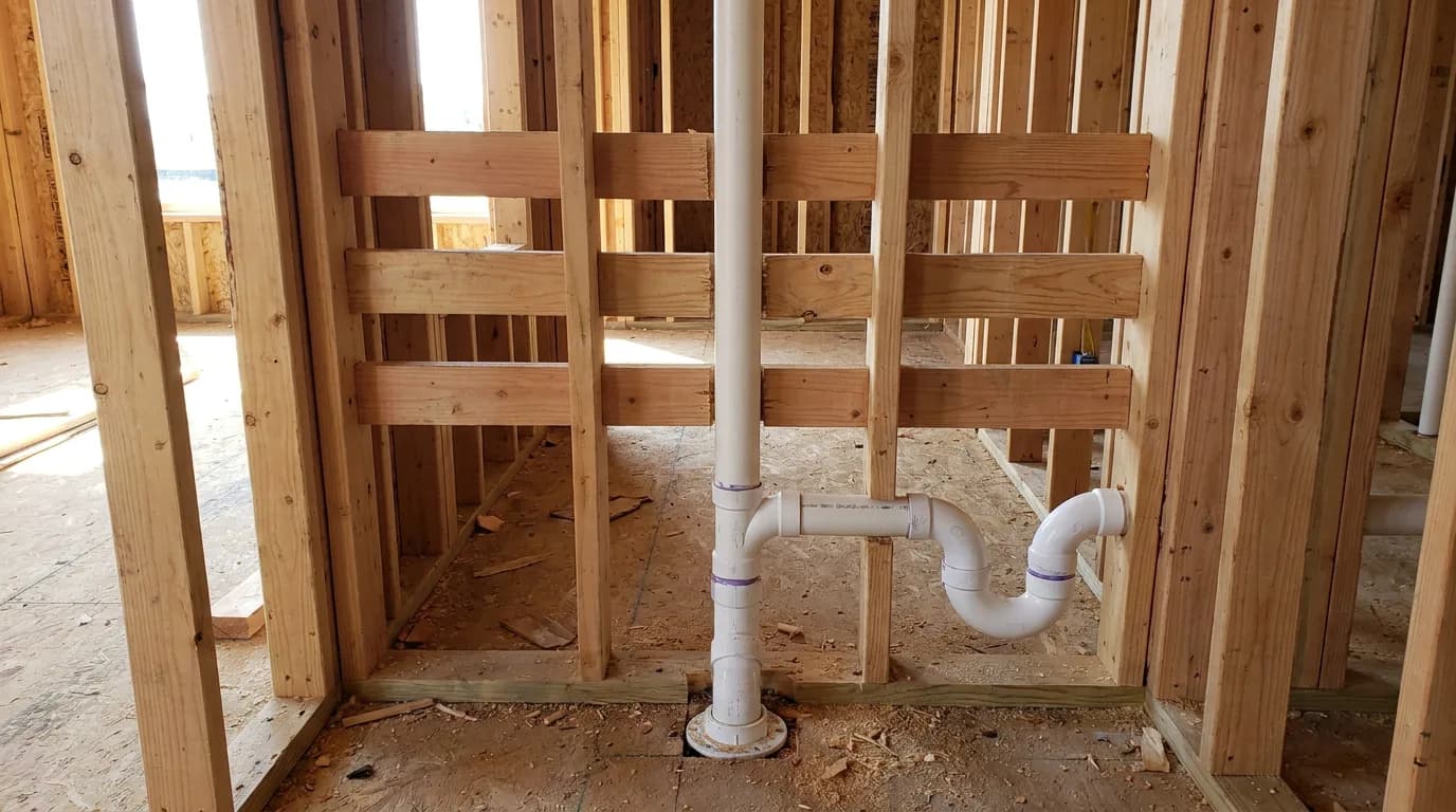 Bathroom drain-waste-vent rough-in with PVC P-trap and vent pipe in open framing, Broward County bathroom remodel