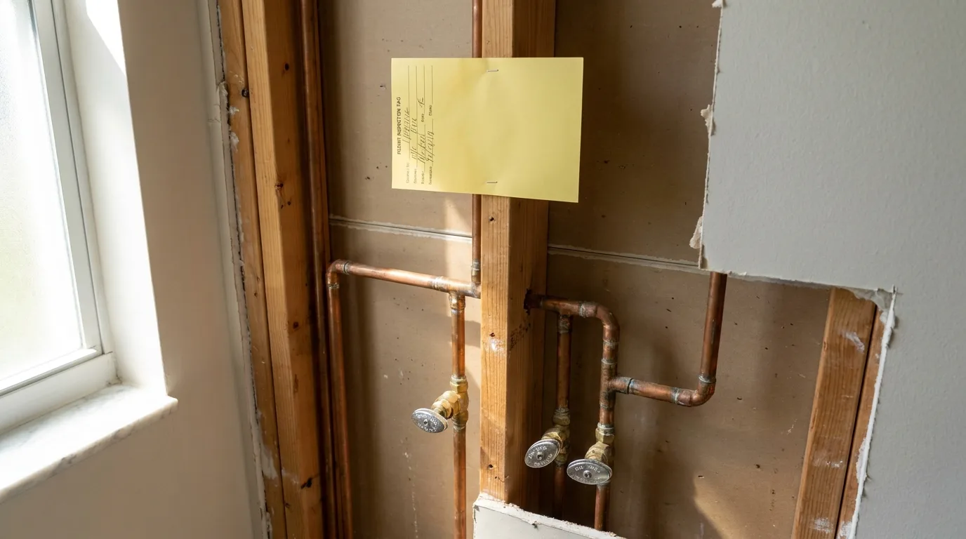 Permitted bathroom plumbing with an inspection tag near the shutoff valves, Miami-Dade bathroom remodel