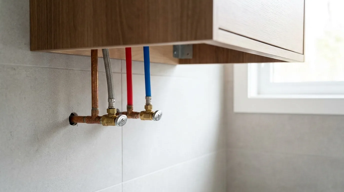 Hot and cold bathroom water supply lines with shutoff stops stubbed out below a vanity, Miami-Dade bathroom remodel