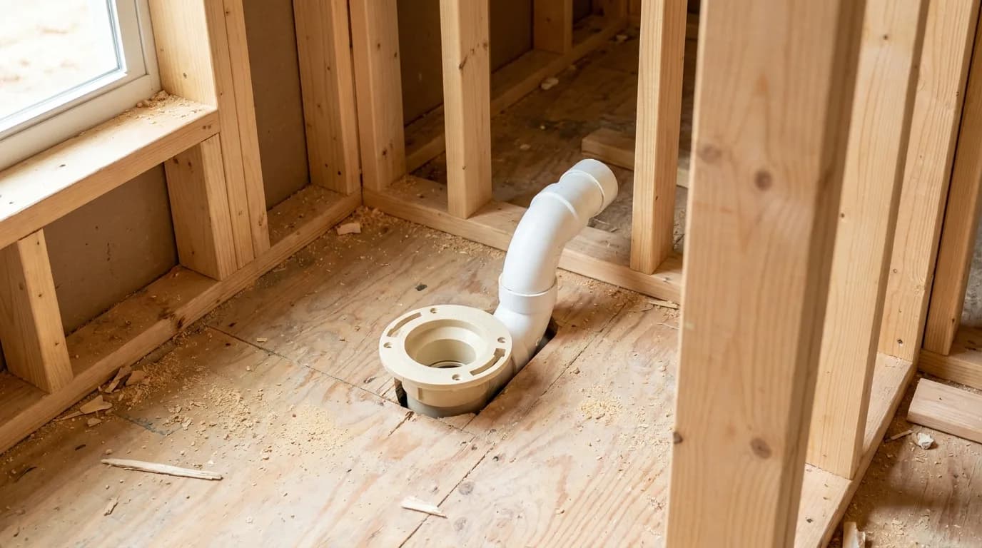 Toilet drain flange and PVC closet bend set in the subfloor before tile, Miami-Dade bathroom remodel