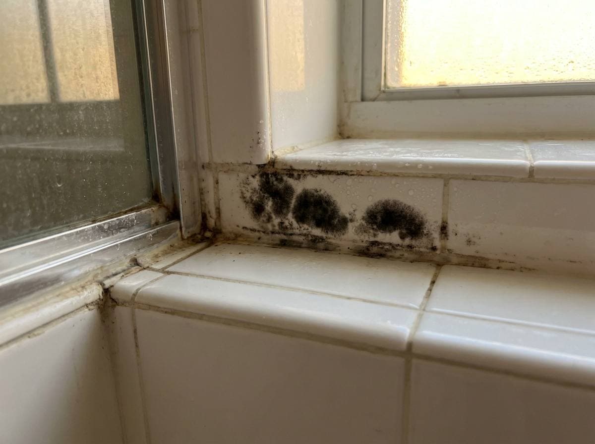 Black mold colonization on shower silicone seam in coastal South Florida bathroom — outcome of undersized mechanical ventilation