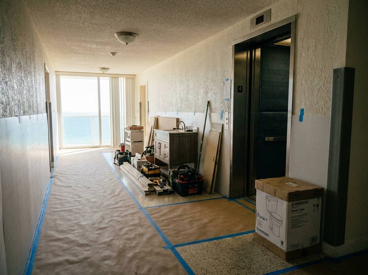 Coastal high-rise condo lobby with construction protection layer covering hallway floor for freight elevator-staged bathroom renovation