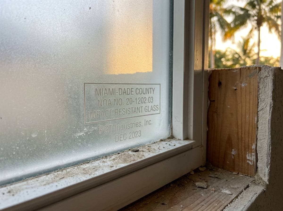 Miami-Dade NOA-rated impact-resistant glass identification label on exterior bathroom window in primary suite renovation