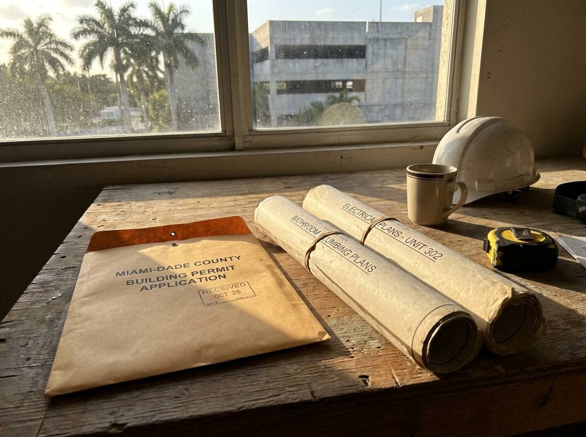 Miami-Dade RER permit application packet with bathroom plumbing and electrical sub-permit submissions