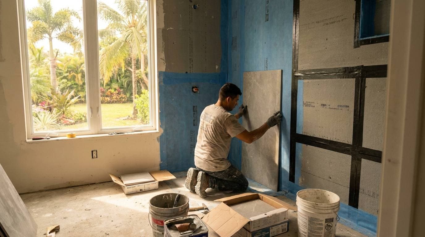 Large-format porcelain wall tile installation with continuous waterproofing membrane visible at substrate seams, primary suite bathroom
