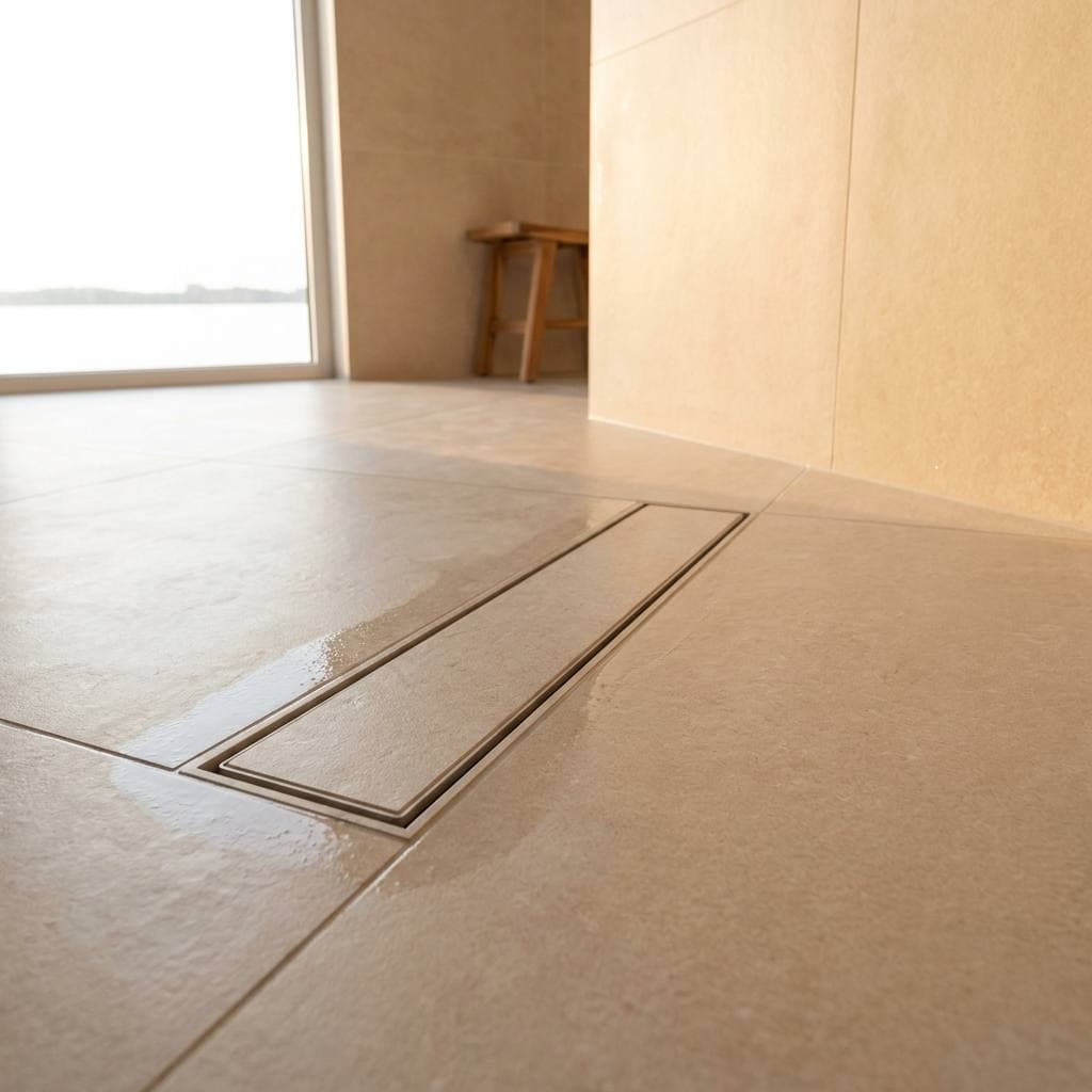 Shower drain detail at the sloped pan of a walk-in shower