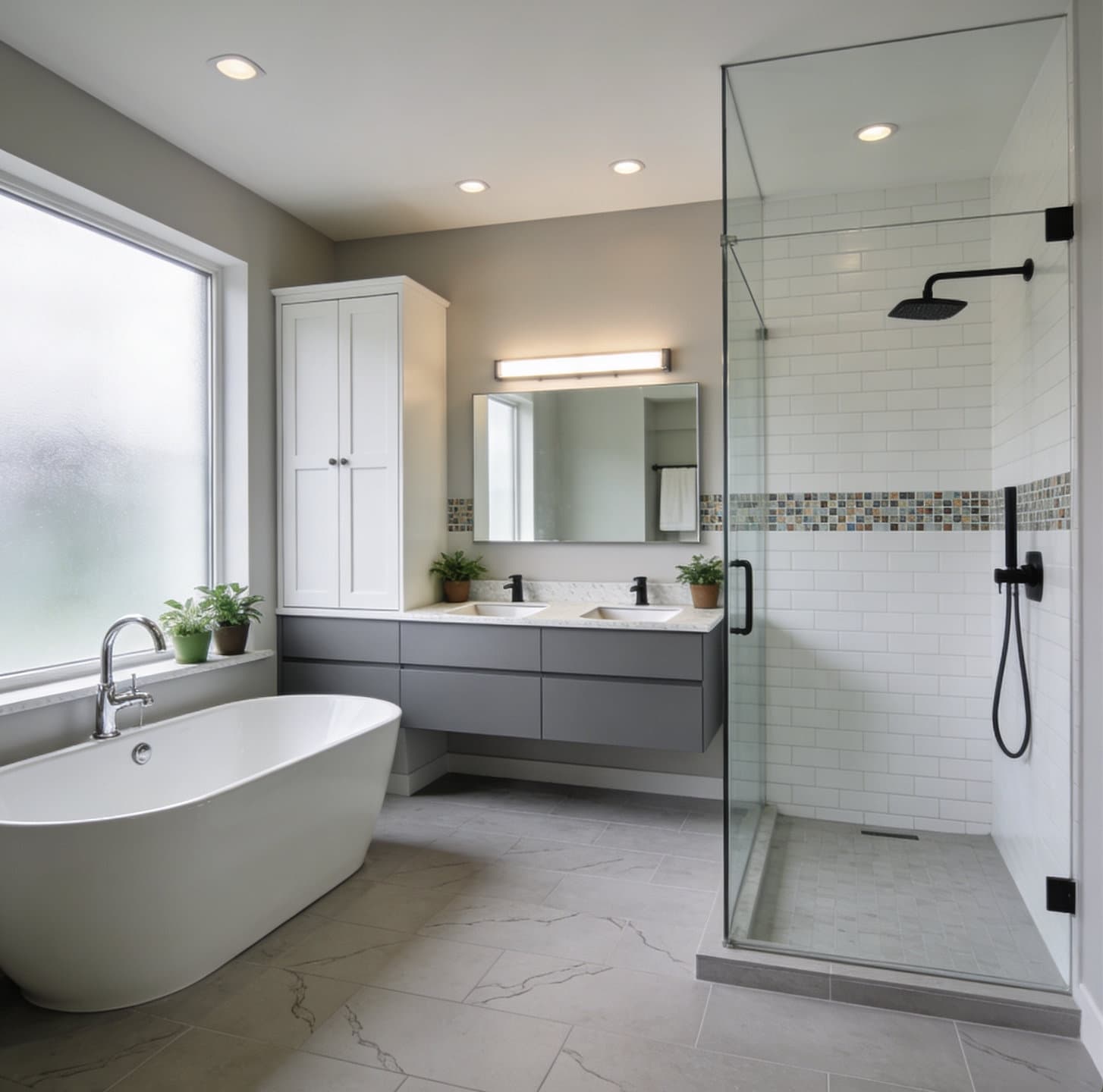 Gray double vanity with two undermount sinks in a country-club primary-bathroom remodel