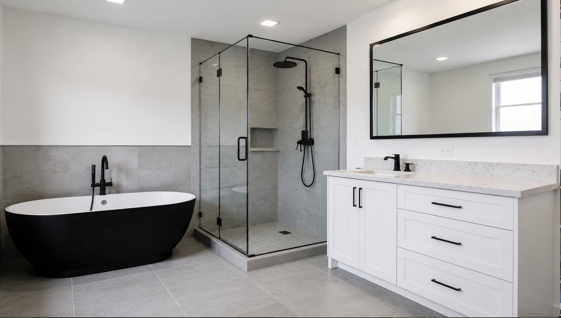Completed bathroom remodel with a frameless glass shower, matte black fixtures, and black freestanding tub, Miami-Dade County