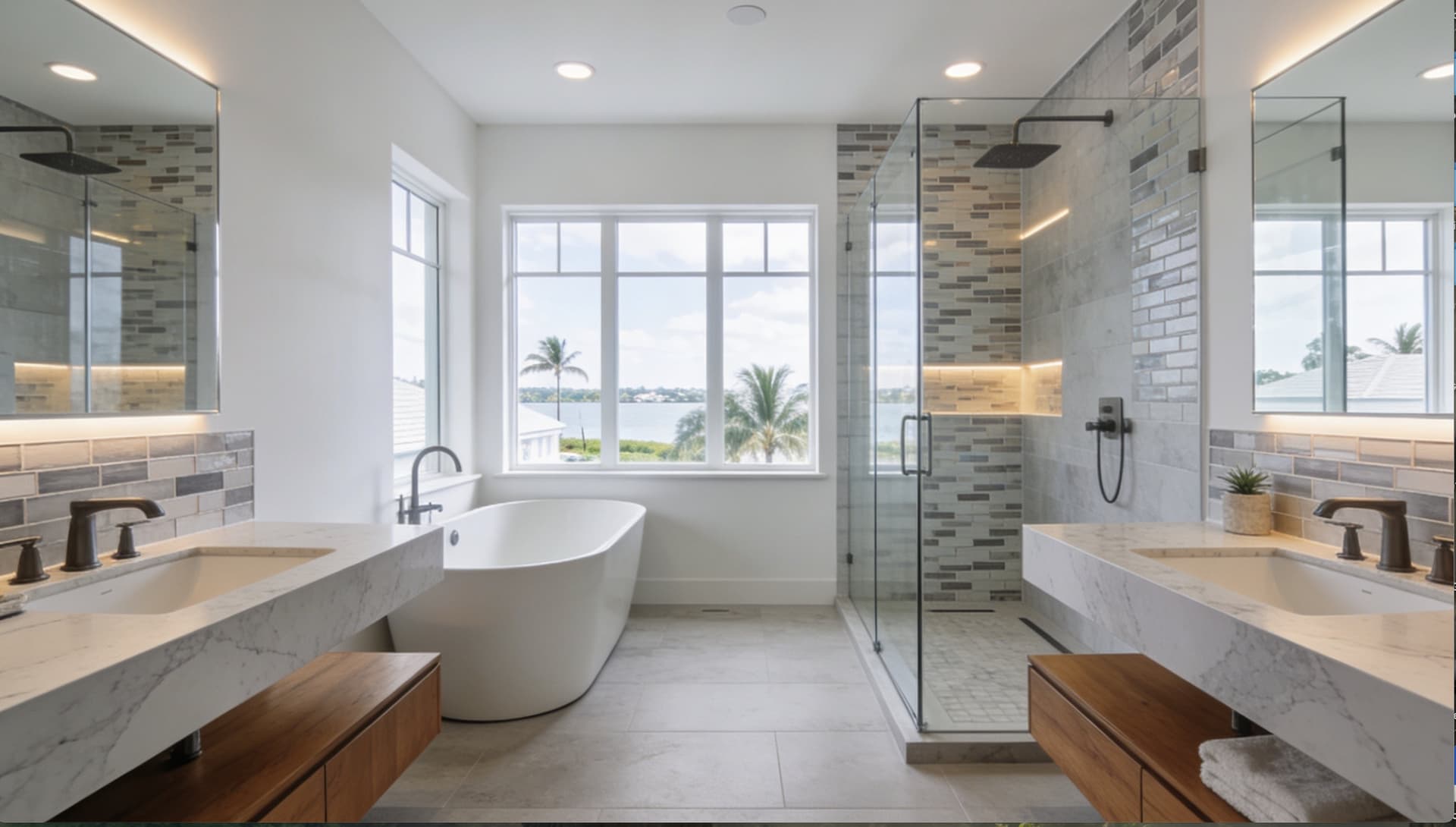 Dual vanity in a coastal high-rise bathroom remodel