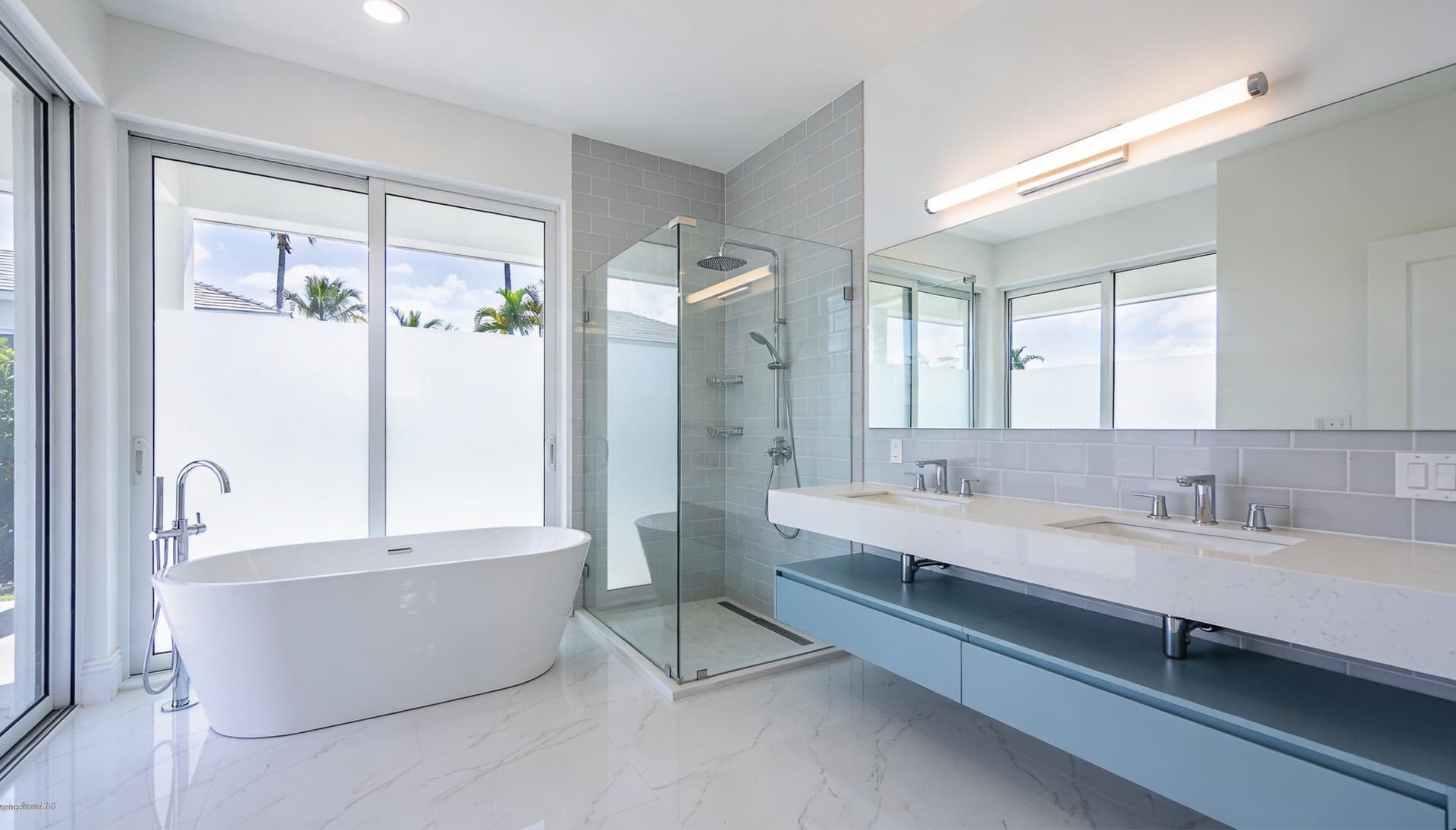 Completed primary bathroom remodel with a freestanding tub and floor-to-ceiling windows, Boca Raton, Palm Beach County