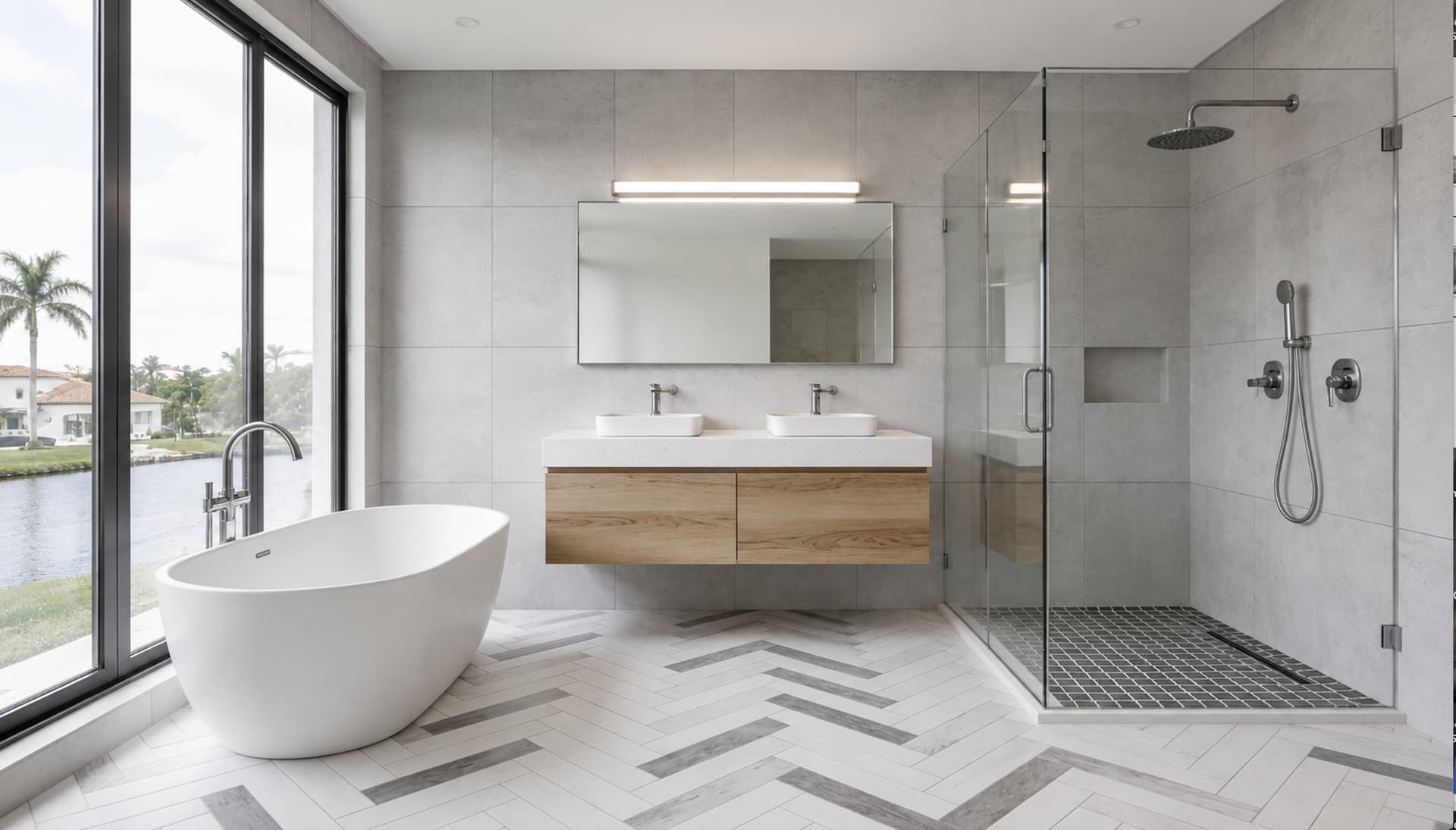 Completed primary-suite bathroom remodel with a wood double vanity, herringbone marble floor, and freestanding tub, Broward County