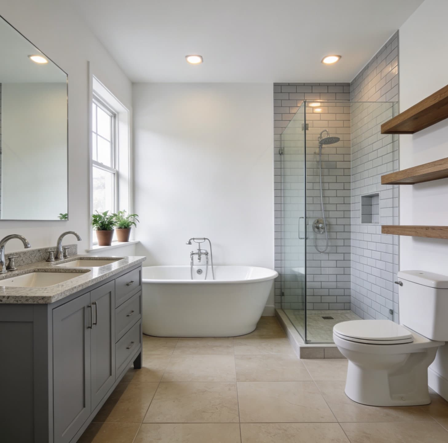 Gray shaker double vanity with two sinks in a suburban primary-bathroom remodel