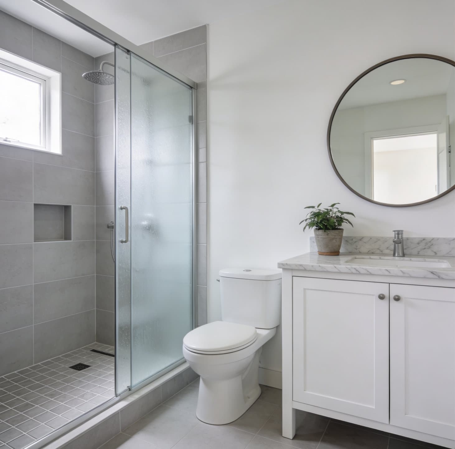 White single vanity with a marble top in a completed Miami guest-bathroom remodel
