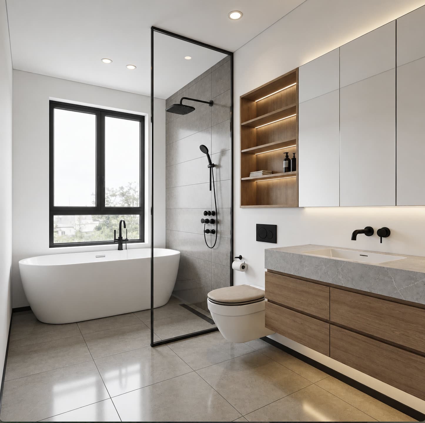 Wood vanity with a marble top in a primary-suite bathroom remodel