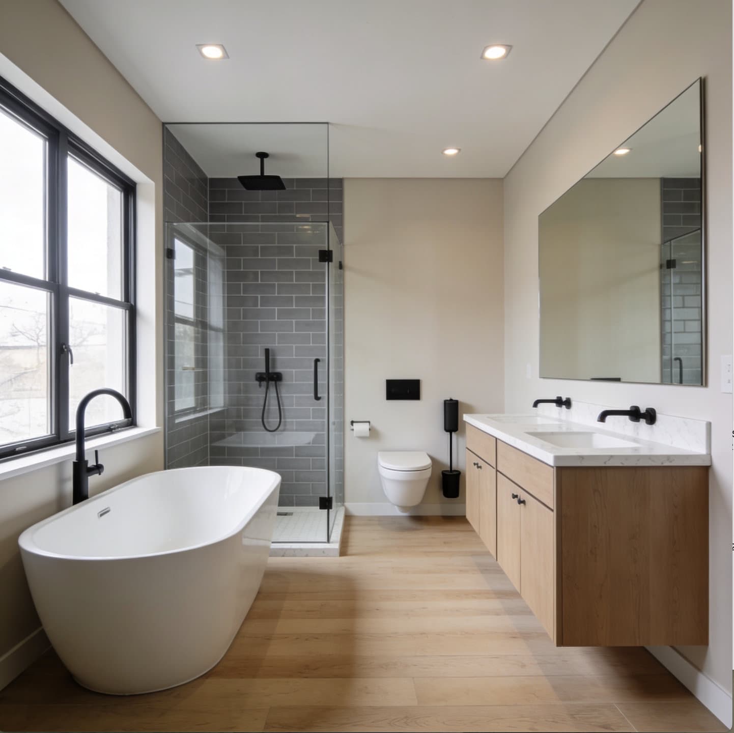 Floating double vanity with matte-black wall-mount faucets in a completed bathroom remodel
