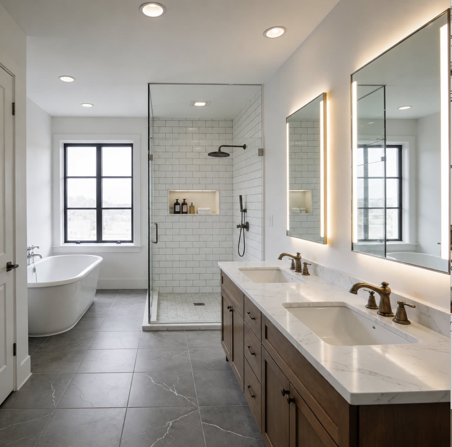 Wood double vanity with a marble waterfall top and brass faucets in a completed Miami bathroom remodel