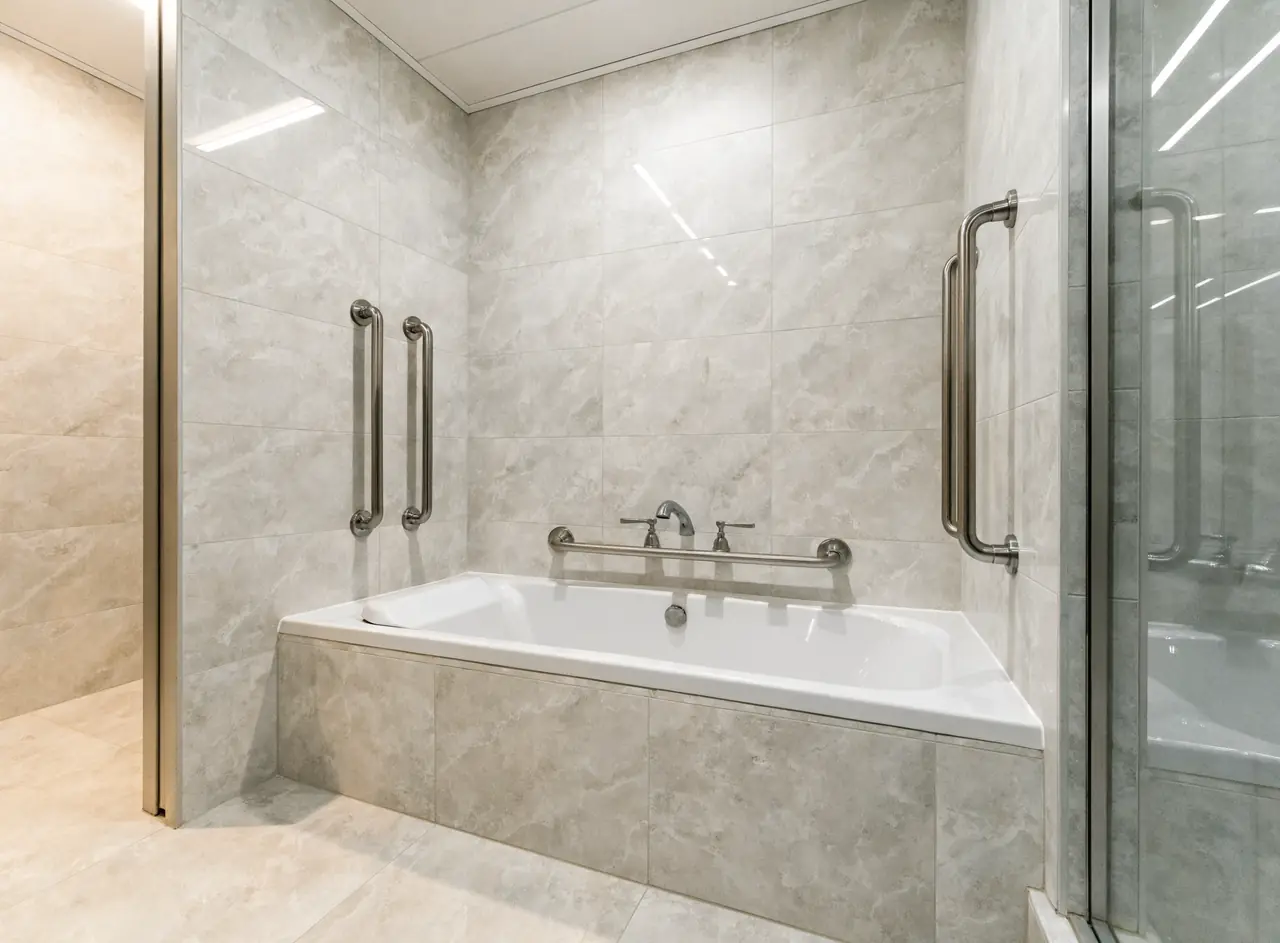 Accessible bathtub with stainless steel grab bars mounted on the surrounding tiled walls