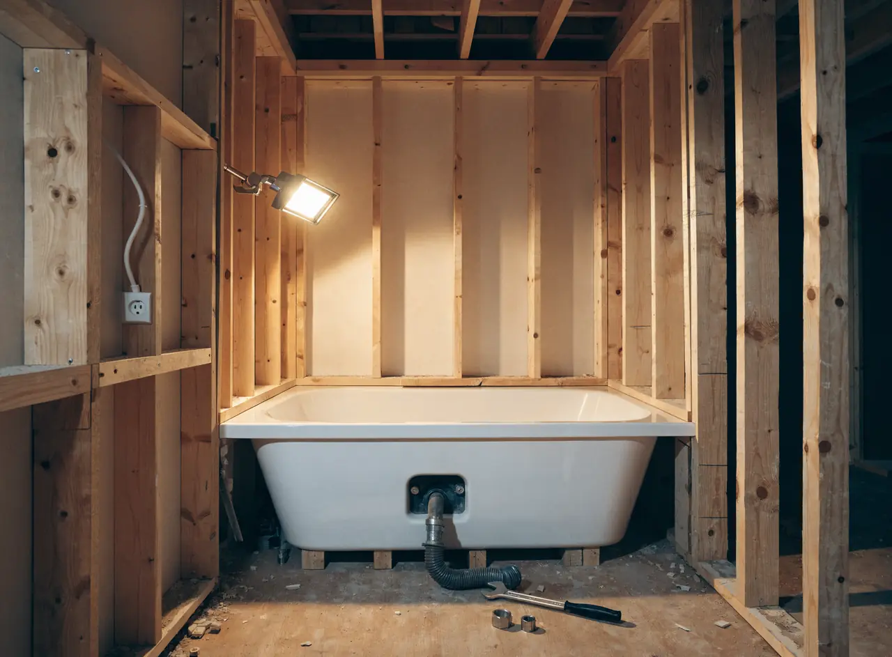 White alcove bathtub set in a framed recess and connected to the drain during a bathroom remodel