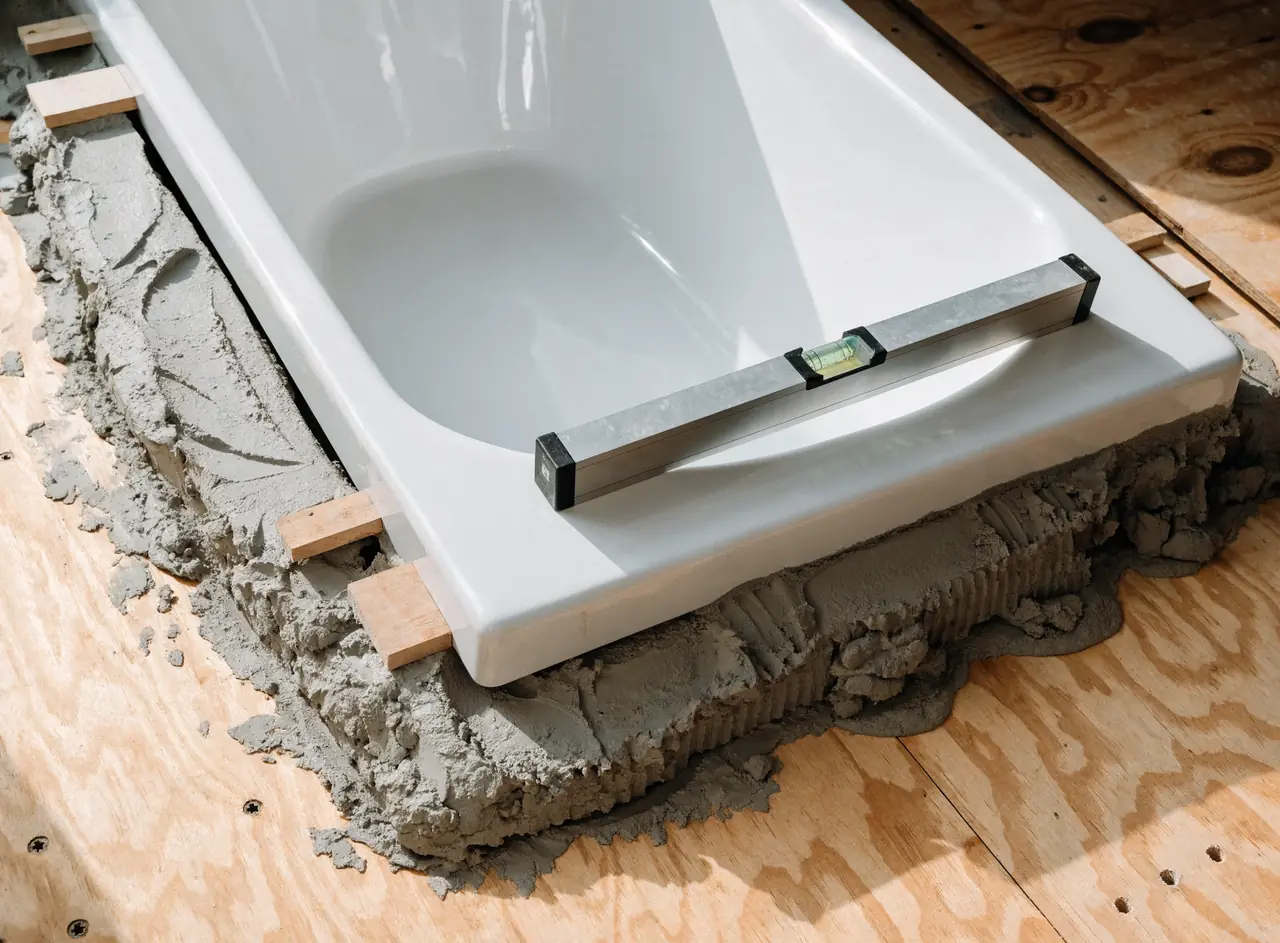 Bathtub leveled on a fresh mortar setting bed with a spirit level resting on the tub rim
