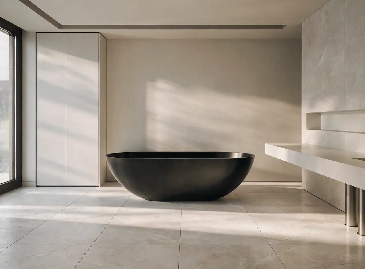 Matte black freestanding soaking tub on large-format tile, illustrating bathtub type selection