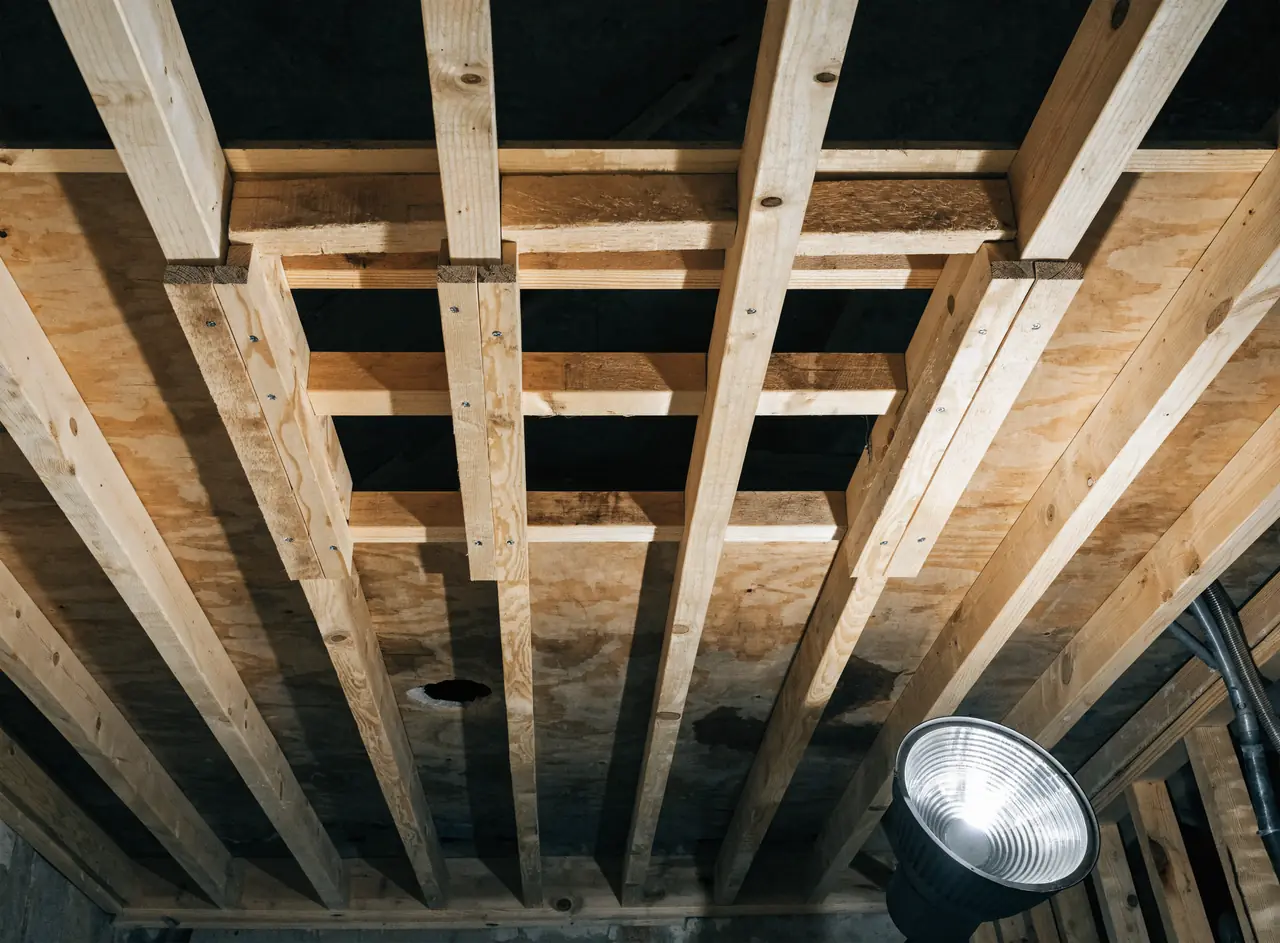 Reinforced wood floor joists with sistering and blocking framed under a bathtub location