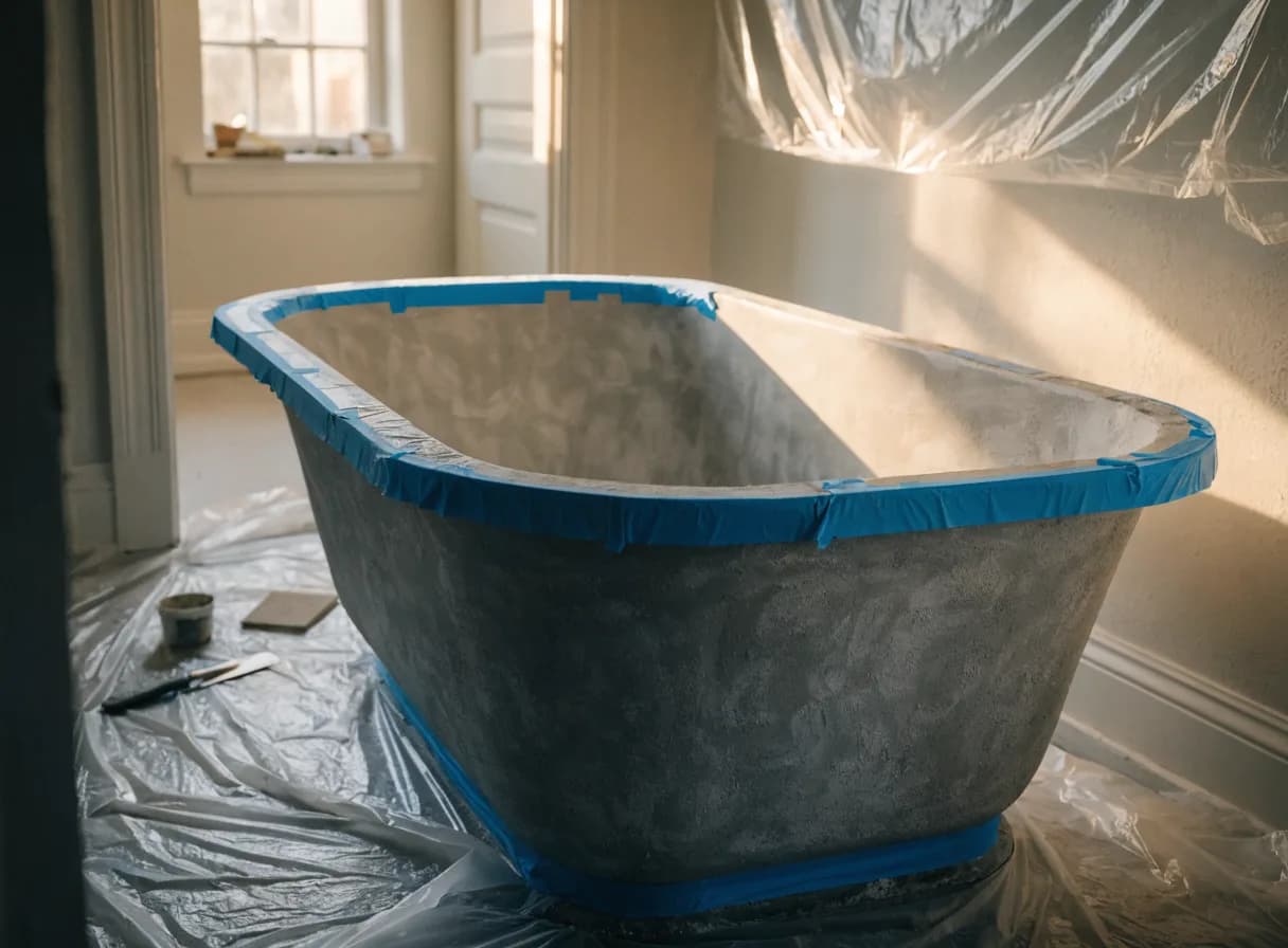 Cast iron tub stripped and sanded, prepped with tape for a new epoxy reglazing coating