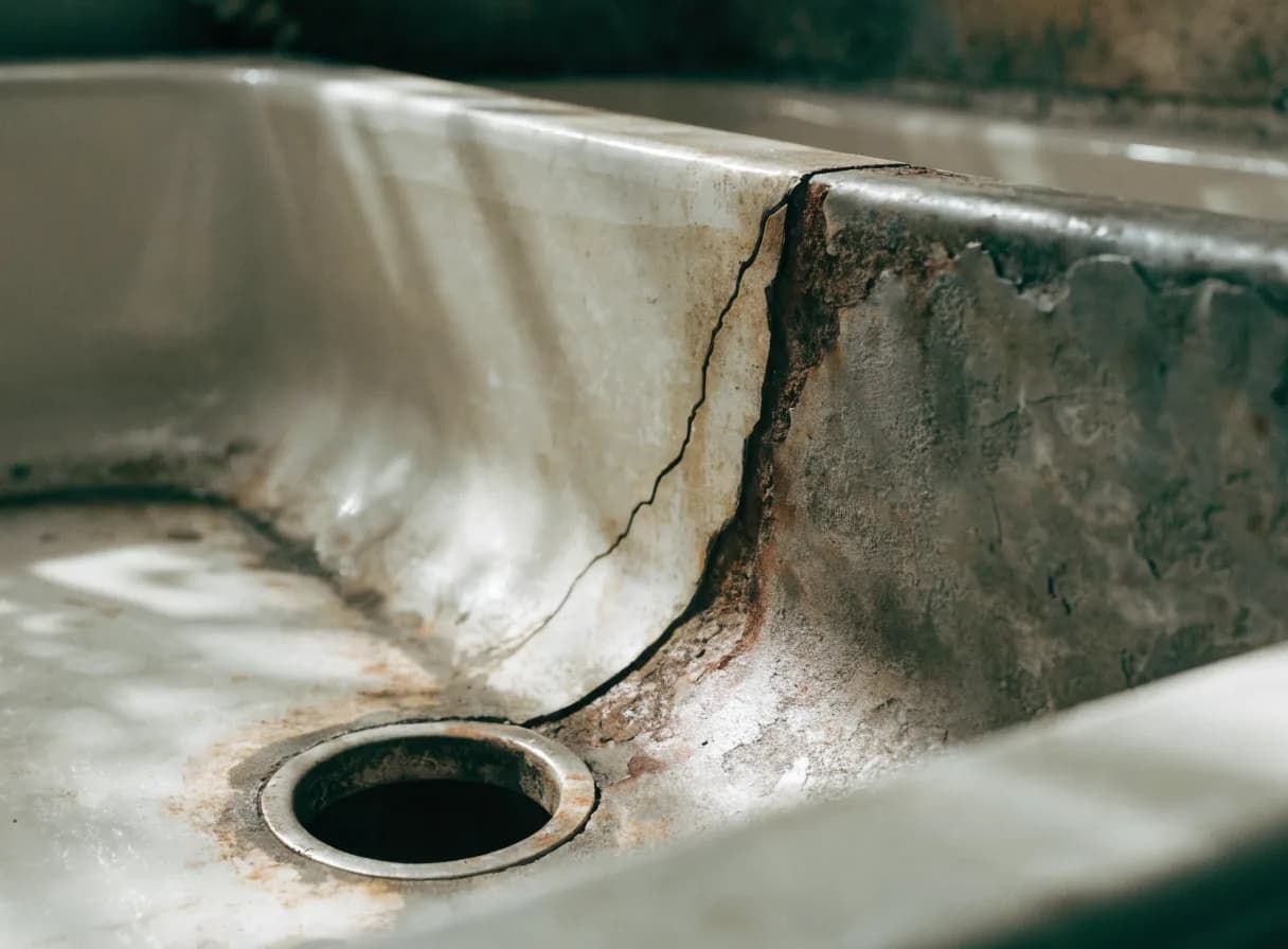 Cracked tub base with rust damage near a drain cutout, the kind of structural damage reglazing can't fix