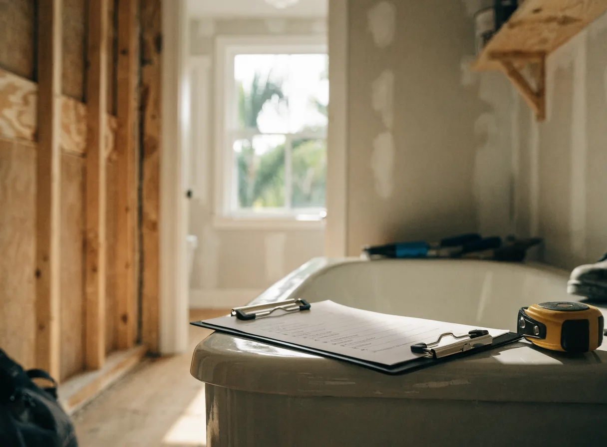 Contractor's permit checklist and tape measure beside a bathtub during a Florida bathroom renovation