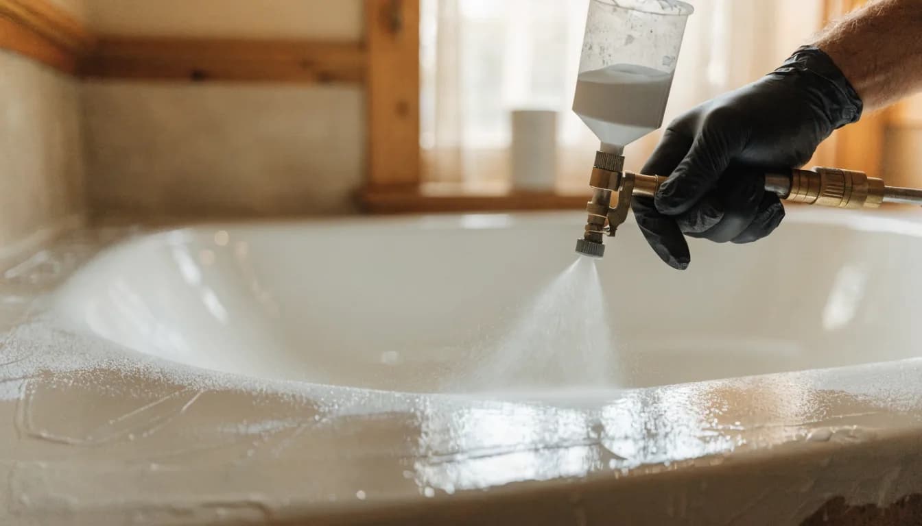 Fresh epoxy coating being applied to a bathtub surface during a reglazing job