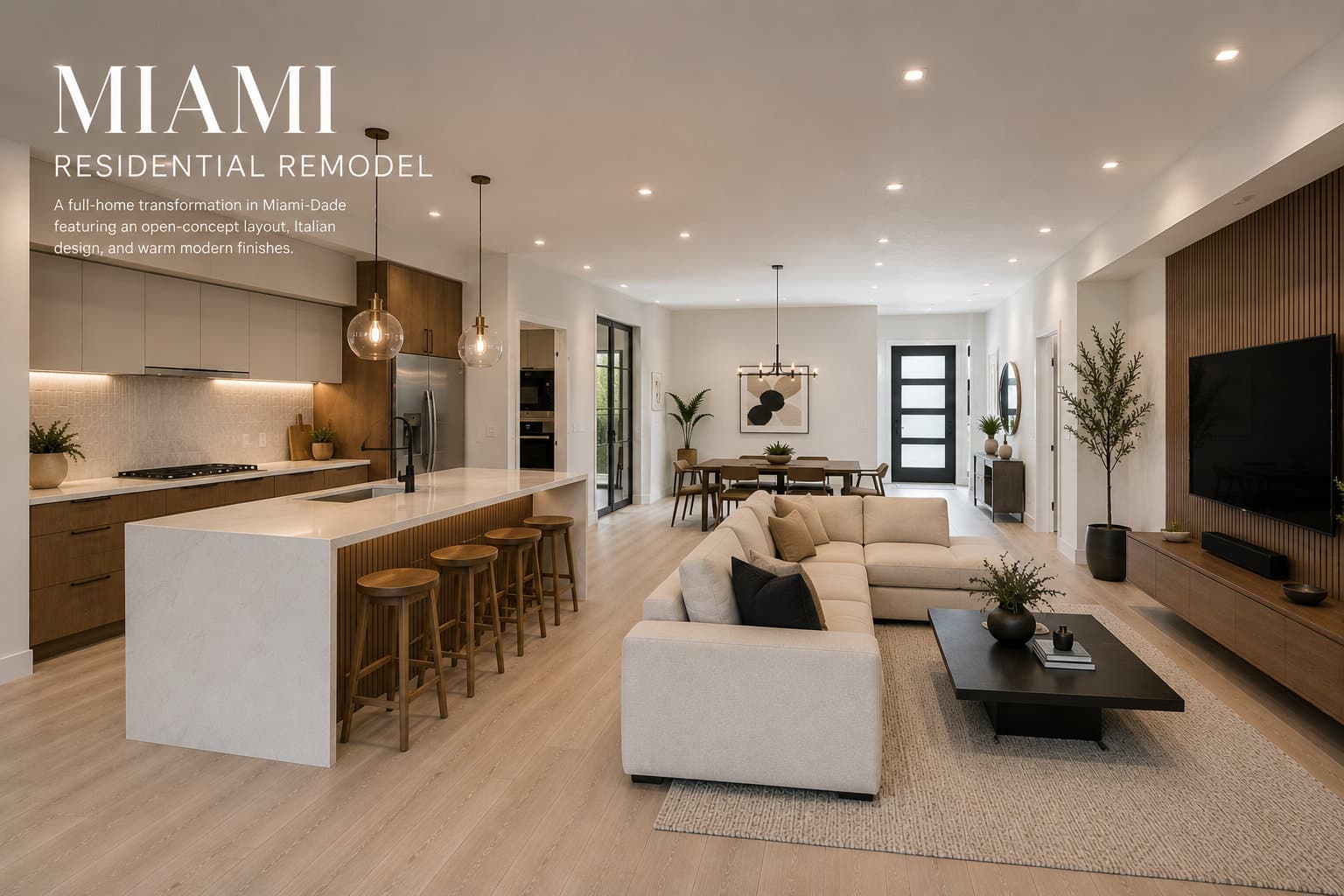 Editorial wide shot of an active Miami residential remodel — finish-trade work in progress under daylight, no people in frame
