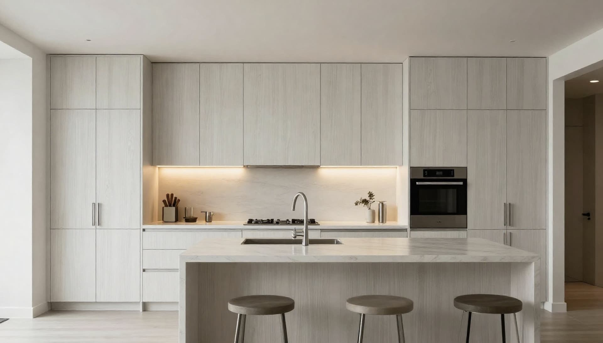 Pale-oak flat-front cabinets and a stone waterfall island in a Doral kitchen, Miami-Dade County.