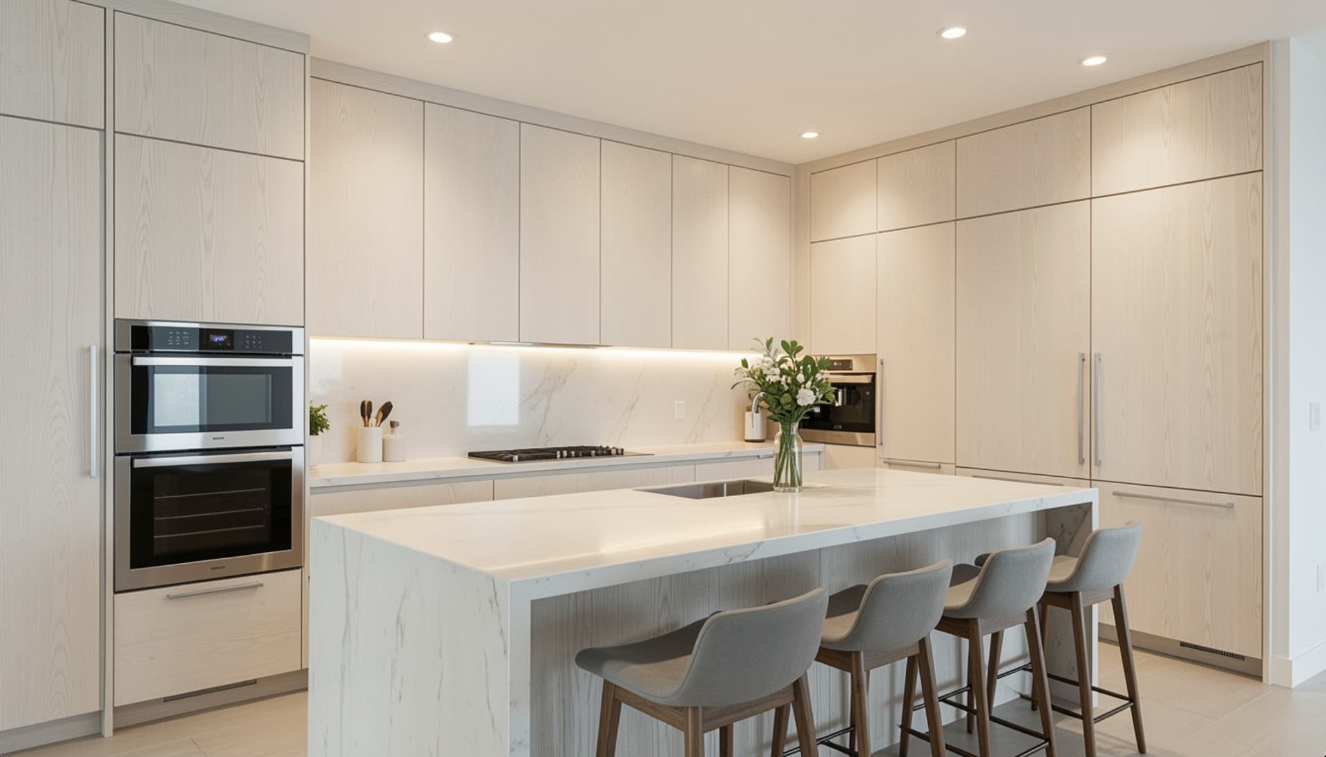 Pale-oak flat-front cabinets with integrated wall ovens and a marble waterfall island in a Doral kitchen, Miami-Dade County.