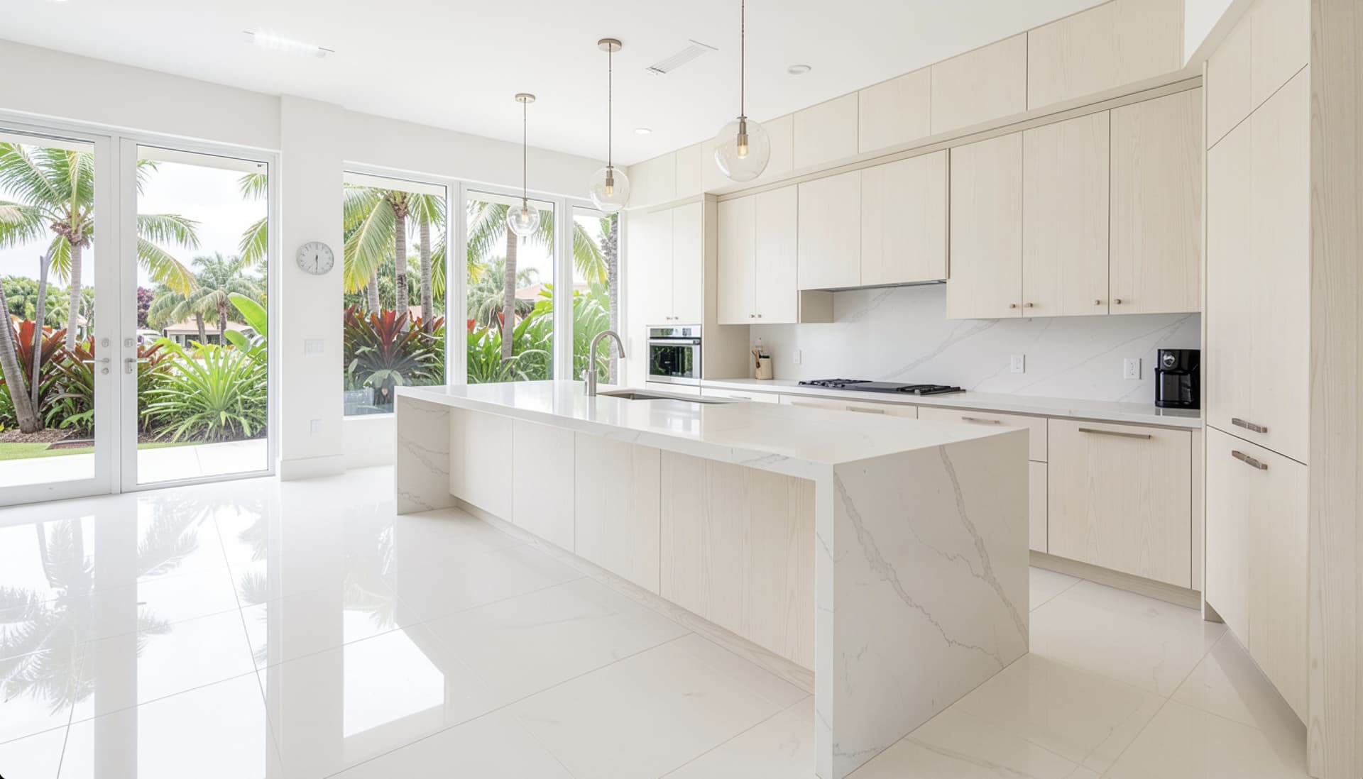 Modern minimalist kitchen with marble waterfall island and floor-to-ceiling glass doors to a tropical garden in Doral, Miami-Dade County, FL by Gaven Constructions