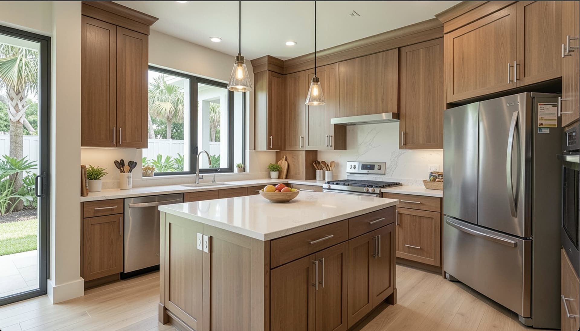 Open-layout kitchen remodel with island and twin pendant lighting in Doral, Miami-Dade County, FL by Gaven Constructions