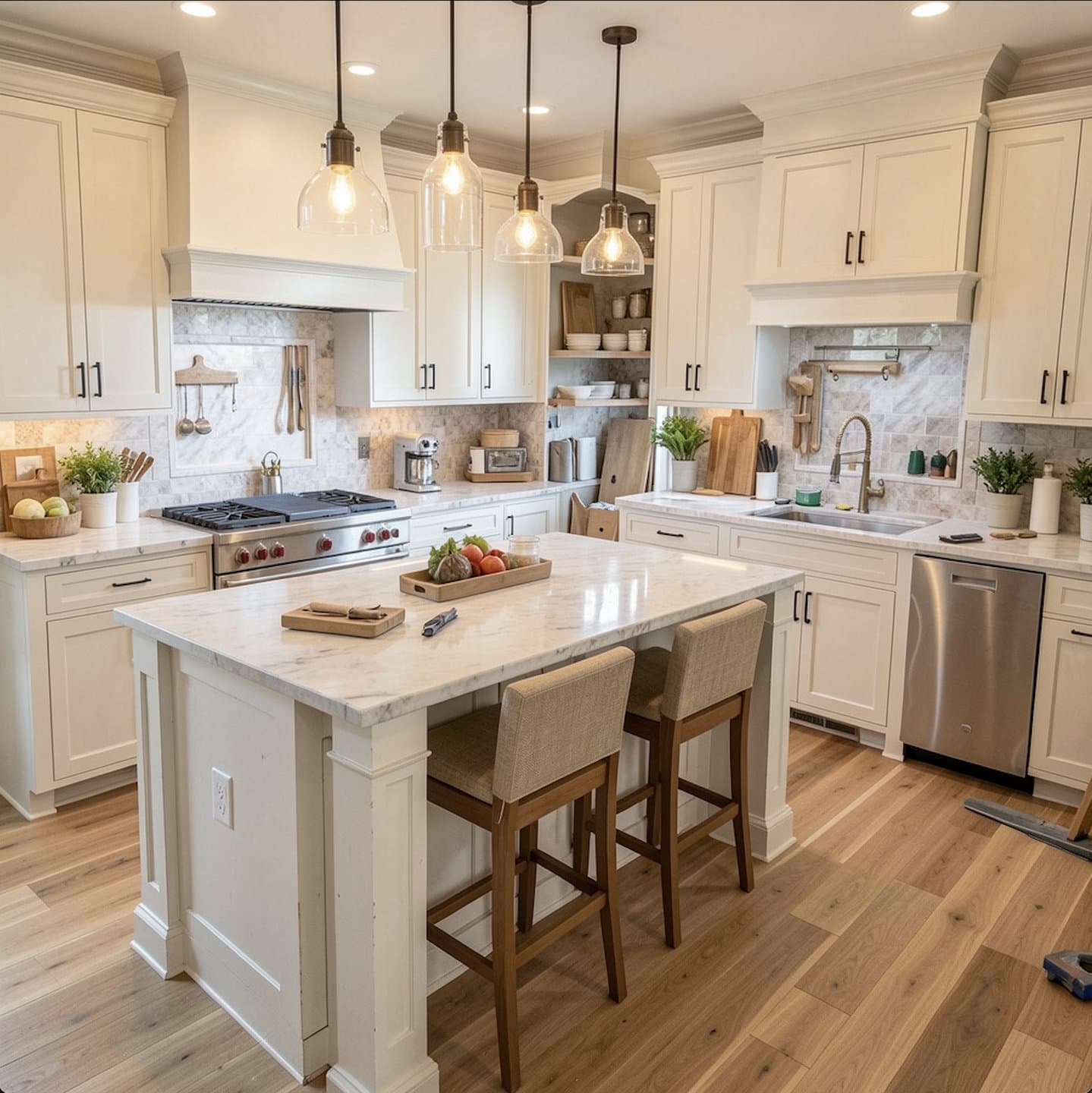 Updated kitchen in a Doral, Miami-Dade home with cream shaker cabinets, a marble center island, and daylight — remodeled by Gaven Constructions