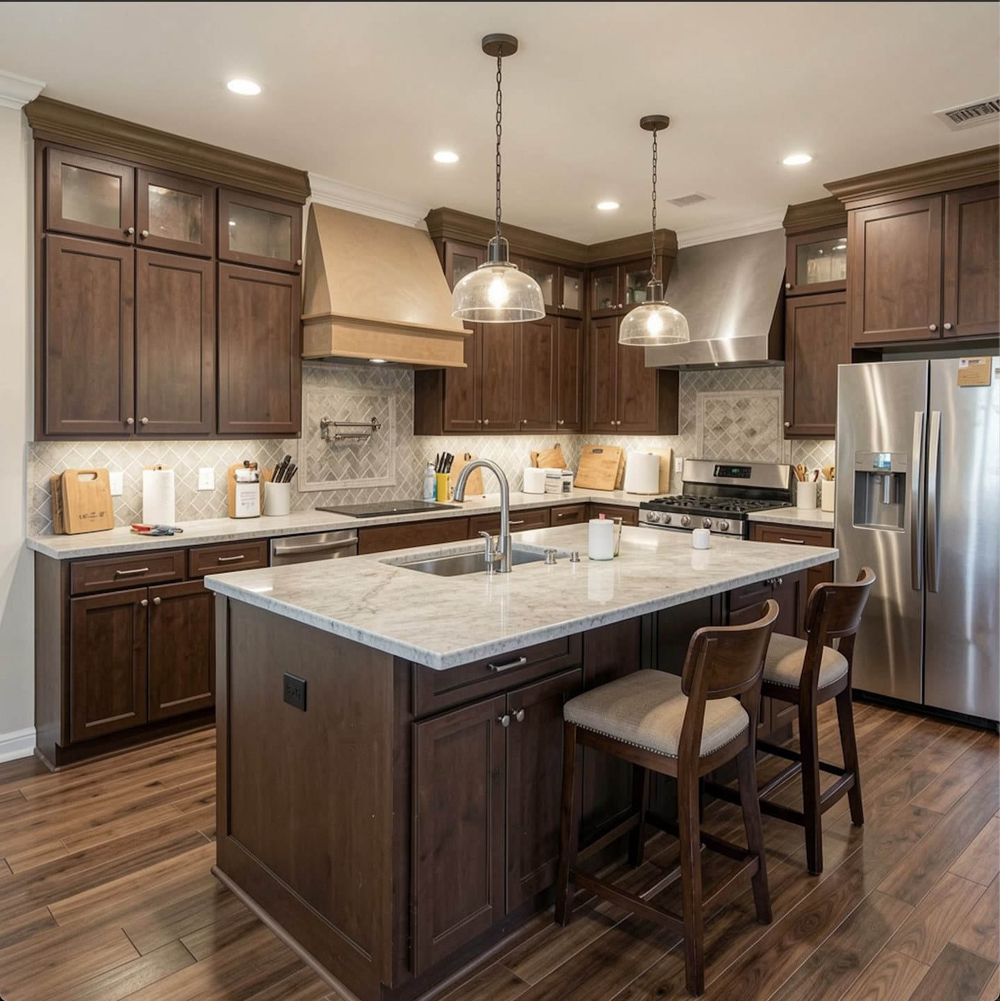 Upscale traditional Miami-Dade kitchen with dark walnut cabinets, a large marble center island, and a stainless appliance suite — illustrating an upscale finish tier next to a midrange Doral remodel