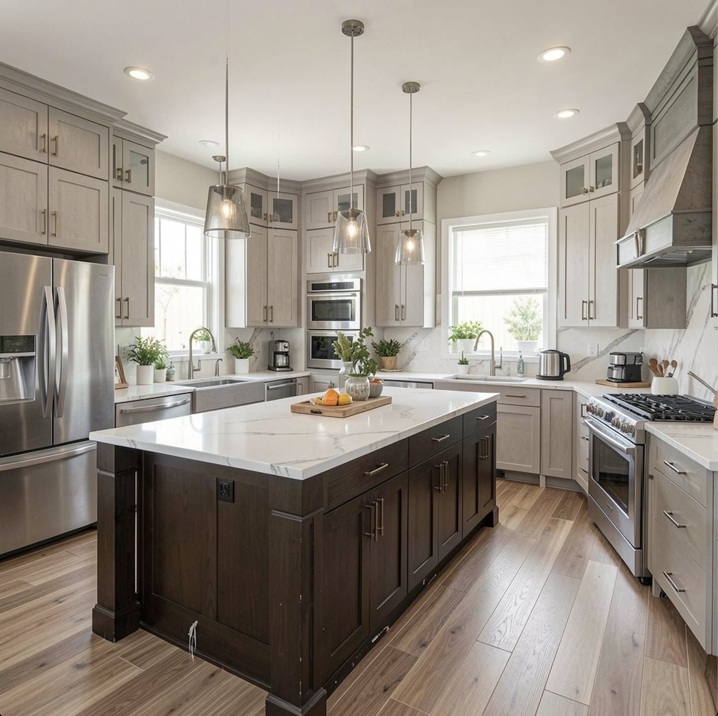Marble waterfall island countertop on a dark walnut base in a Doral, Miami-Dade kitchen remodel — showing durable stone surface detail