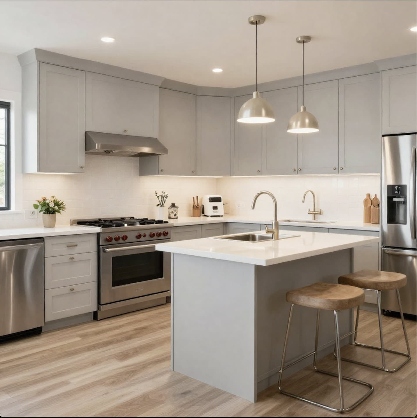 Compact condo kitchen in Doral, Miami-Dade with light gray shaker cabinets, a small white quartz island, and stainless appliances — updated for resale