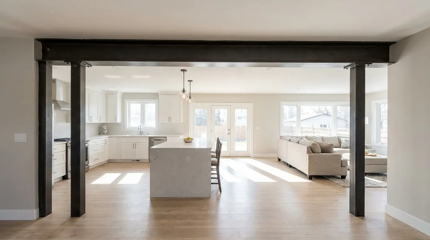 Steel beam spanning a new open-concept kitchen opening where a load-bearing wall was removed, supported by posts down to the floor